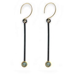 Mixed gold and silver earrings with ethically sourced Montana Sapphires. Hand-made by Susan Crow for East Fourth Street Jewelry. 