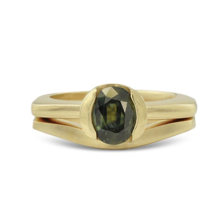 ONE OF A KIND, 2 RING SET -  ENGAGEMENT AND WEDDING, VINTAGE OVAL FORREST GREEN SAPPHIRE IN 14KT FAIRMINED YELLOW GOLD