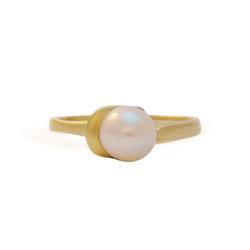 East Fourth Street Jewelry, 14kt white or yellow gold ring with 8mm round white pearl. Modern, unique design
