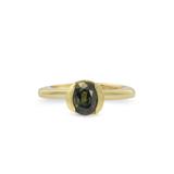 ONE OF A KIND, 2 RING SET -  ENGAGEMENT AND WEDDING, VINTAGE OVAL FORREST GREEN SAPPHIRE IN 14KT FAIRMINED YELLOW GOLD