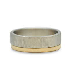 Masculine 2 Ring Set designed by Susan Crow for East Fourth Street Jewelry. Palladium and yellow Fairmined gold stacking bands.