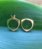 ONE OF A KIND, 2 RING SET -  ENGAGEMENT AND WEDDING, VINTAGE OVAL FORREST GREEN SAPPHIRE IN 14KT FAIRMINED YELLOW GOLD